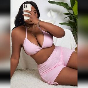 Soft Pink textured detailed 2 Piece Bikini top + Shorts Swimsuit (1XL)